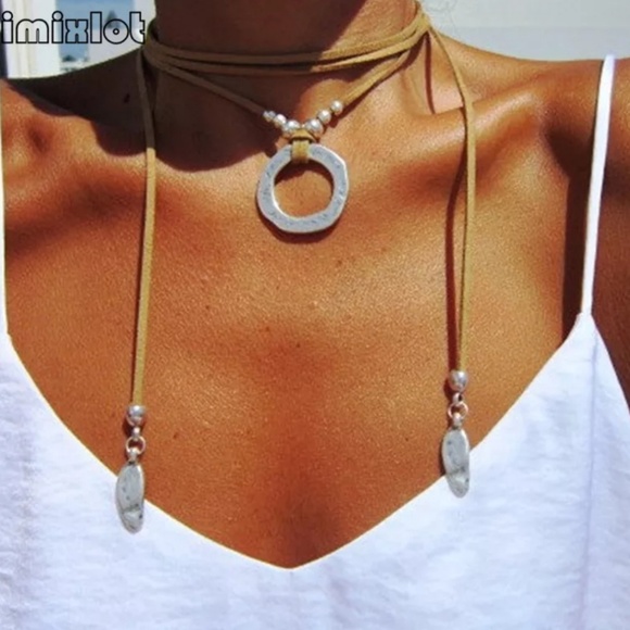 boho hippie gypsy western vintage necklace Jewelry - Boho Western Long Choker Necklace Hammered Gray